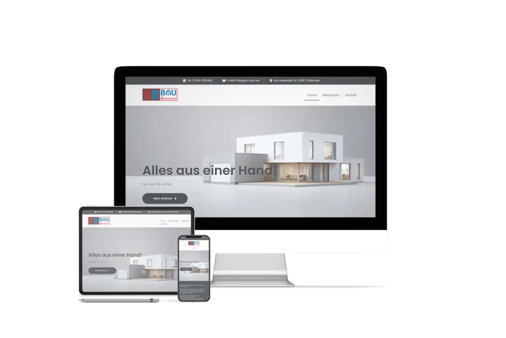 Darstellung eines Computers, Tablets und Smartphones, die die responsive Website eines Bauunternehmens anzeigen