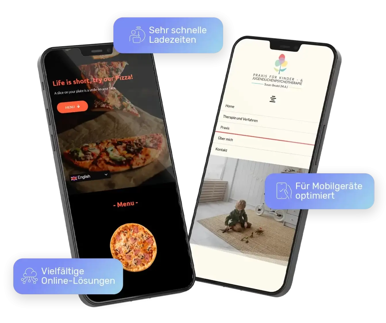 Webdesign-Entwicklung zur Präsentation von Pizza-Lieferdiensten, konzipiert für Kunden aus der Gastronomie und dem Gesundheitswesen mit einem responsiven Layout